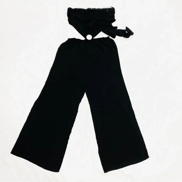 VICI Dolled Up Wide Leg Open Back Cut Out Strapless Black Jumpsuit Size L - Picture 5 of 11
